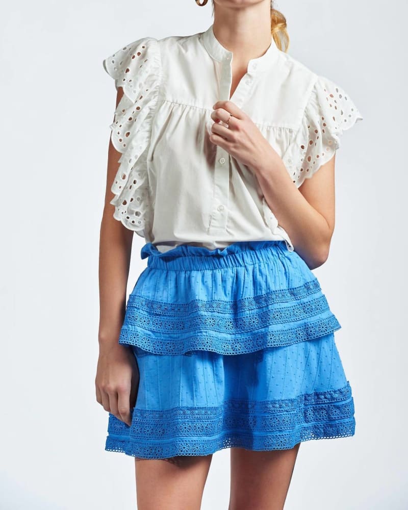 Front of a model wearing a size L The Miniskirt in French Blue in French Blue by THE SHIRT. | dia_product_style_image_id:340447